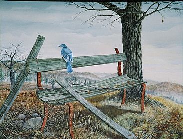 All But Forgotten - Blue Jay on Park Bench by C. Frederick Lawrenson