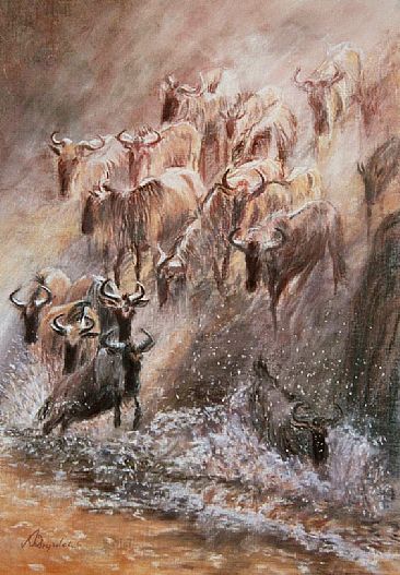 Migration - Wildebeest at Grumeti River by Angela Drysdale