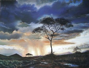 Kenyan Evening, Passing Rains - In Kenya's Tsavo National Park the last of the day's rain moves on  by Gregory Wellman