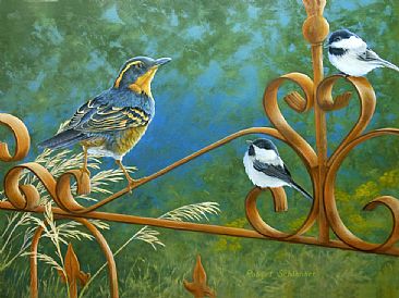 Gate Keepers - Varied Thrush and Chickadees' by Robert Schlenker