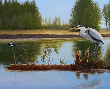 Floating the Flathead River - Great Blue Heron & Black-billed Magpie by Robert Schlenker