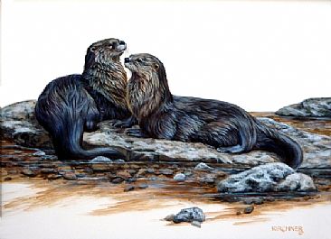 Drip Dry- Otters - River Otters by Leslie Kirchner