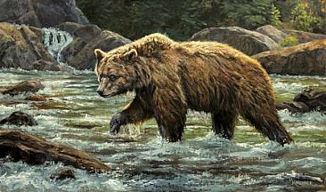 Fish Hunter- Grizzly - Grizzly Bear in river by Leslie Kirchner