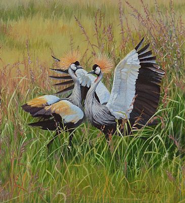 Crowned cranes - African dancers - Crowned cranes by Lyn Ellison