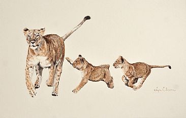 Lioness and Cubs - Catch Me If You Can! - African Lions by Lyn Ellison