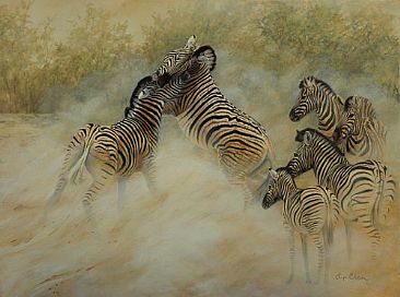 Whos the Boss? - Burchells Zebras from Namibia by Lyn Ellison