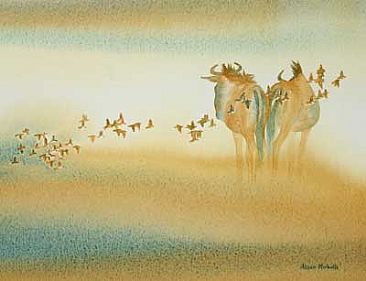 Fly By - Blue Wildebeest and Redbilled Quelea by Alison Nicholls