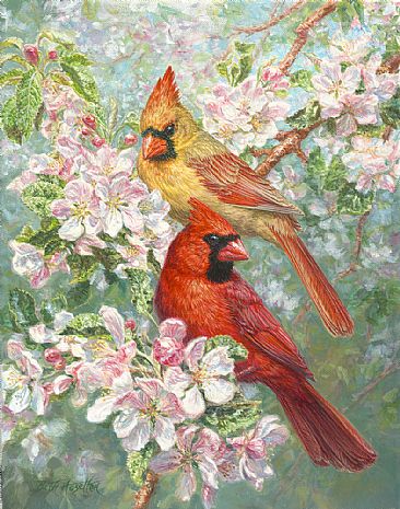 Treasures of Spring - Northern cardinals in apple blossoms  by Beth Hoselton