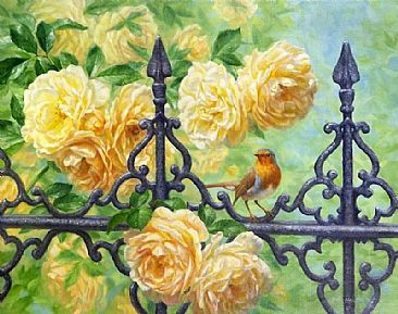 The English Garden - European robin and roses by Beth Hoselton