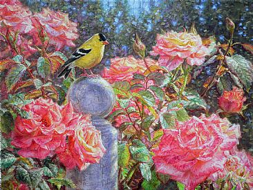 Garden Bouquet - American goldfinch in rose garden  by Beth Hoselton
