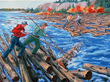 Lumberjacks and Log-jams - Lumberjacks clearing a log-jam in Autumn by RoseMarie Condon