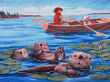 Otters on Shore - Otters and girl in a row boat by RoseMarie Condon