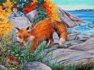 Vixen Hunts a Vole - A vixen hunts a vole as a young girl watches by RoseMarie Condon