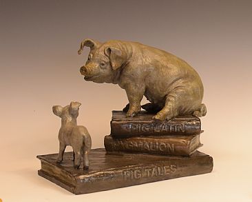 Pig Tales - pig with piglet on a stack of books by Christine Knapp