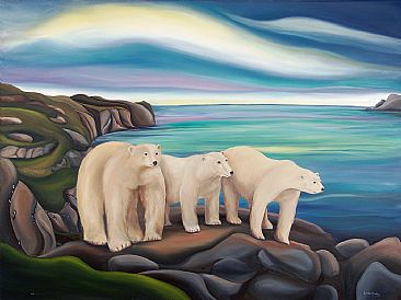 Mama and the Kids -- Looking for food - Polar Bears on bird cliff, Baffin Island by Linda Dawn Lang
