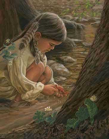 First Signs of Spring - Shawnee child plays with a midland mud salamander, 18th century by Mary Louise Holt