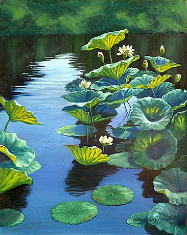 Lotus Garden I - White lotus flowers and leaves on a pond by Mary Louise Holt