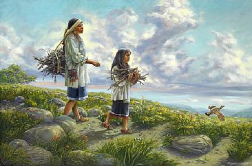 ros Rend ske Native Americans, Northern Ohio Prairie, Prairie Chicken - Painting Art by  Mary Louise Holt