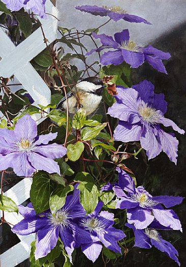 Chickadee and Clematis - California Quil  by Julia Hargreaves