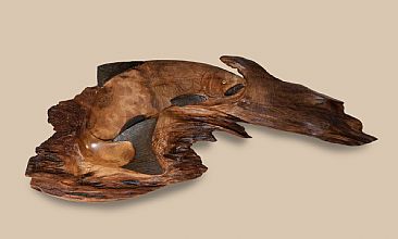 Salmon Sojourn - Perspective carving of salmon, wall hanging by Terry Woodall