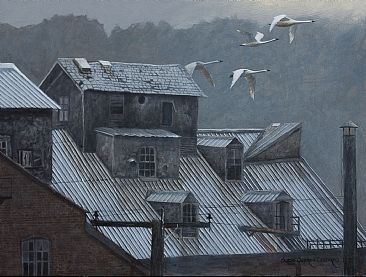 Swan Song - Old Building and Swans by Suzie Seerey-Lester