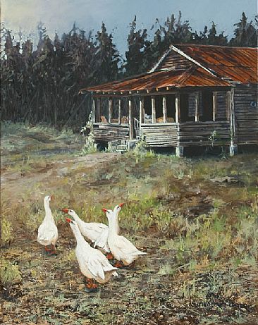 Waiting to be Fed - Old  building and geese by Suzie Seerey-Lester