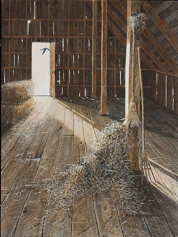 Work in Progress - Old barn and swallows by Suzie Seerey-Lester