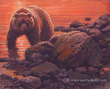 Coastal Sundown - Grizzly - Small Wildlife Painting by John Seerey-Lester