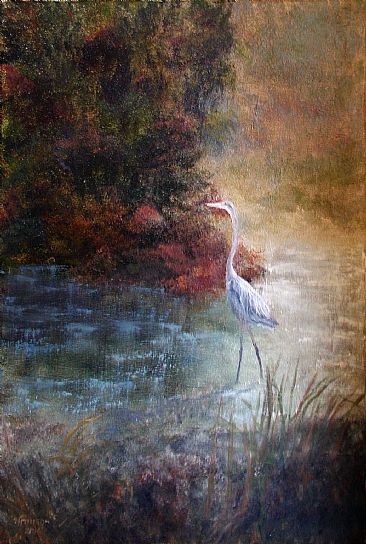 Anticipation - heron in quiet creek by Sunny Franson