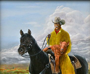 Going Home. - Cowboy on horseback returning home with a straggler calf, got to get home quickly before the storm hits. by David Prescott