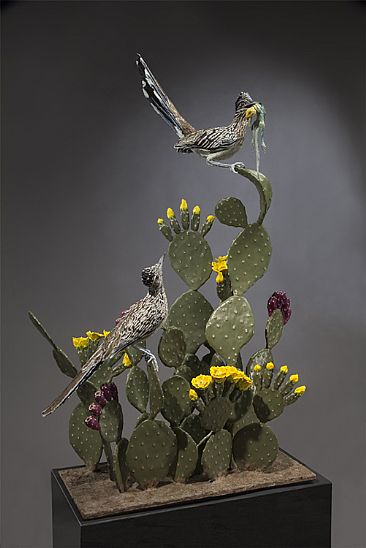 Eyes On The Prize - Greater Roadrunners/ Collared Lizard on Prickly Pear Cactus stand by Eva Stanley