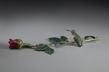 Long-stemmed Jewel - Humming Bird on Long-stemmed Rose by Eva Stanley