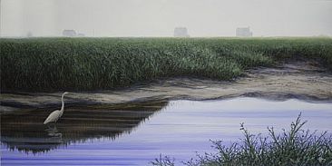 Summer Cottages - salt marsh  on the Cape, cottages and egret by Del-Bourree Bach