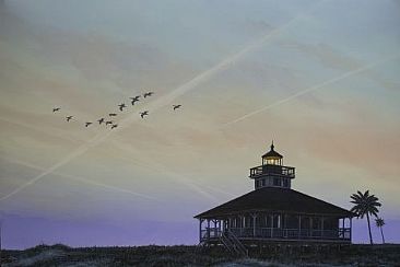 Flying Home - Boca Grande, FL Lighthouse at sunset, birds flying off to roost by Del-Bourree Bach