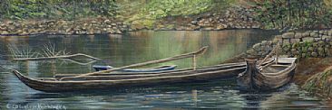 Parked Along the Shennong Stream - long pole fishing boats along a river bank by Cindy Sorley-Keichinger
