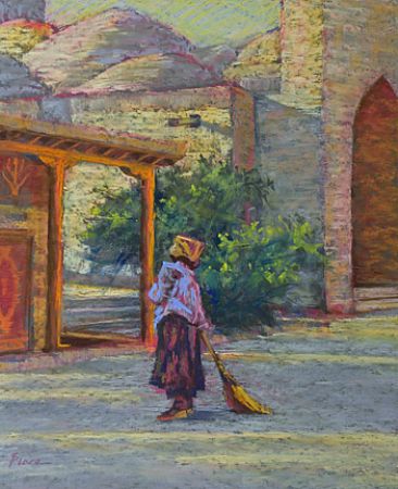 Morning Solitude SOLD - Woman sweeping in Khiva, Uzbekistan by Sandra Place