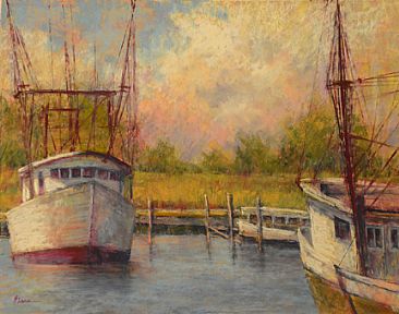 At Sunset - Boats at dock in Apalachicola, FL by Sandra Place