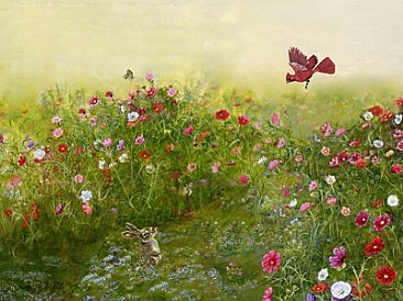 Field of Flowers - Cosmos flowers with rabbit and cardinal by Taylor White