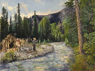Mountain Men - Trappers camped near mountain stream by Taylor White