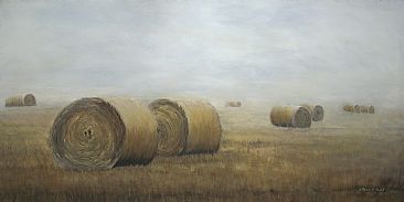 Prairie Gold - Hay Bales in morning fog by Patricia Mansell