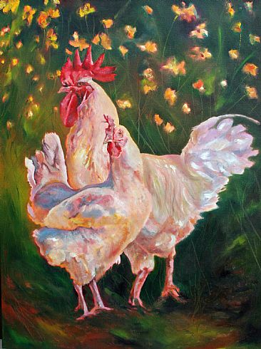 Keeping Order - Rooster and chicken in oil by Carrie Goller