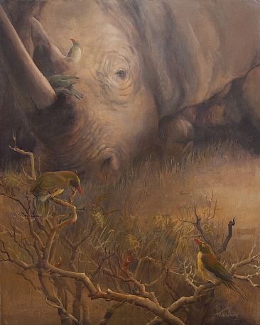 A Day at the Spa - Northern White Rhino and Red Billed Oxpeckers by Kathryn Weisberg