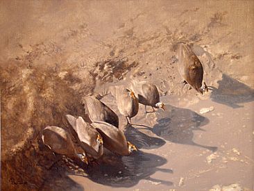 Water Hole Triptyque - Helmeted Guineafowl by Peter Gray