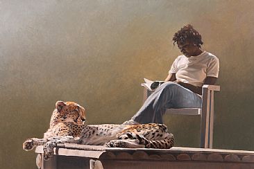 Lady Minder - Seated woman with reclining cheetah on deck by Peter Gray