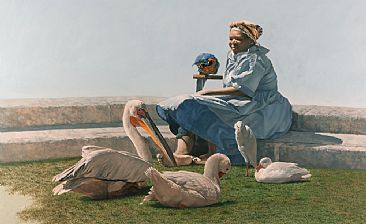 Tea In Paradise - Reclining woman with birds by Peter Gray