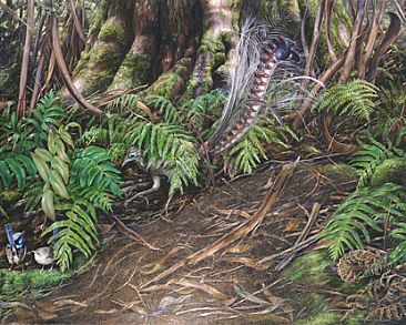 Superb Lyrebird and Wrens - Male Superb Lyrebird and Wrens - Forest Floor by Elizabeth Cogley