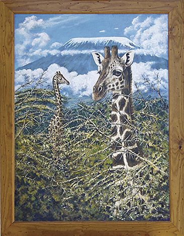 By the slopes of Kilimanjaro - Rothschilde Giraffe and Mount Kilimanjaro by Anne Corless
