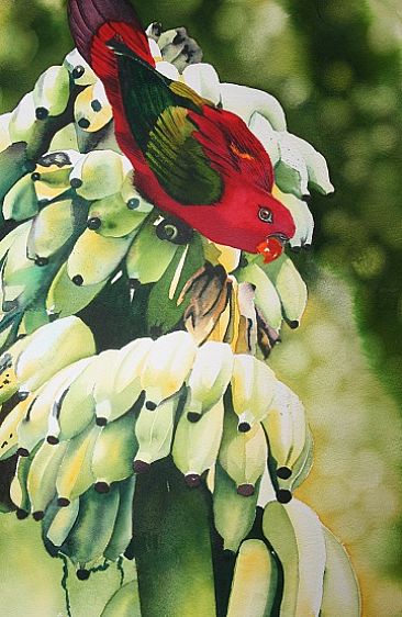 Red Parrot - Parrot on Banana Tree by Sarah Bent