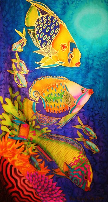 Fish Gathering - Painting stretched silk only , no frame. by Kim Toft