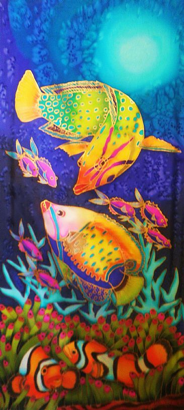 Clown Fish & Friends - Painting stretched silk only , no frame. by Kim Toft
